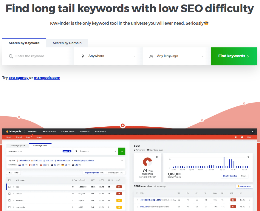 KWFinder  keyword research feature. 